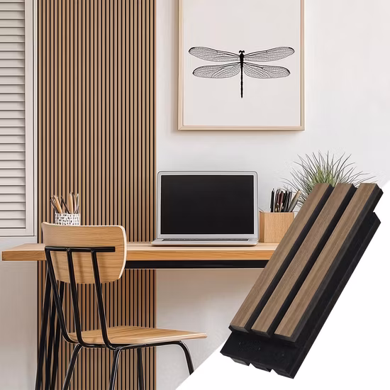 Pannelli murali in legno a doghe decorative con pannello fonoassorbente in PET acustico